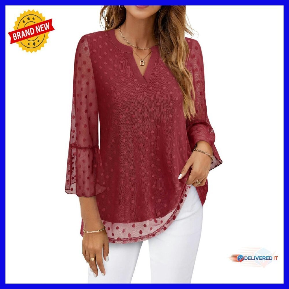 3/4 Sleeve V-Neck Tunic Blouse Business Casual Soft Mesh Fabric